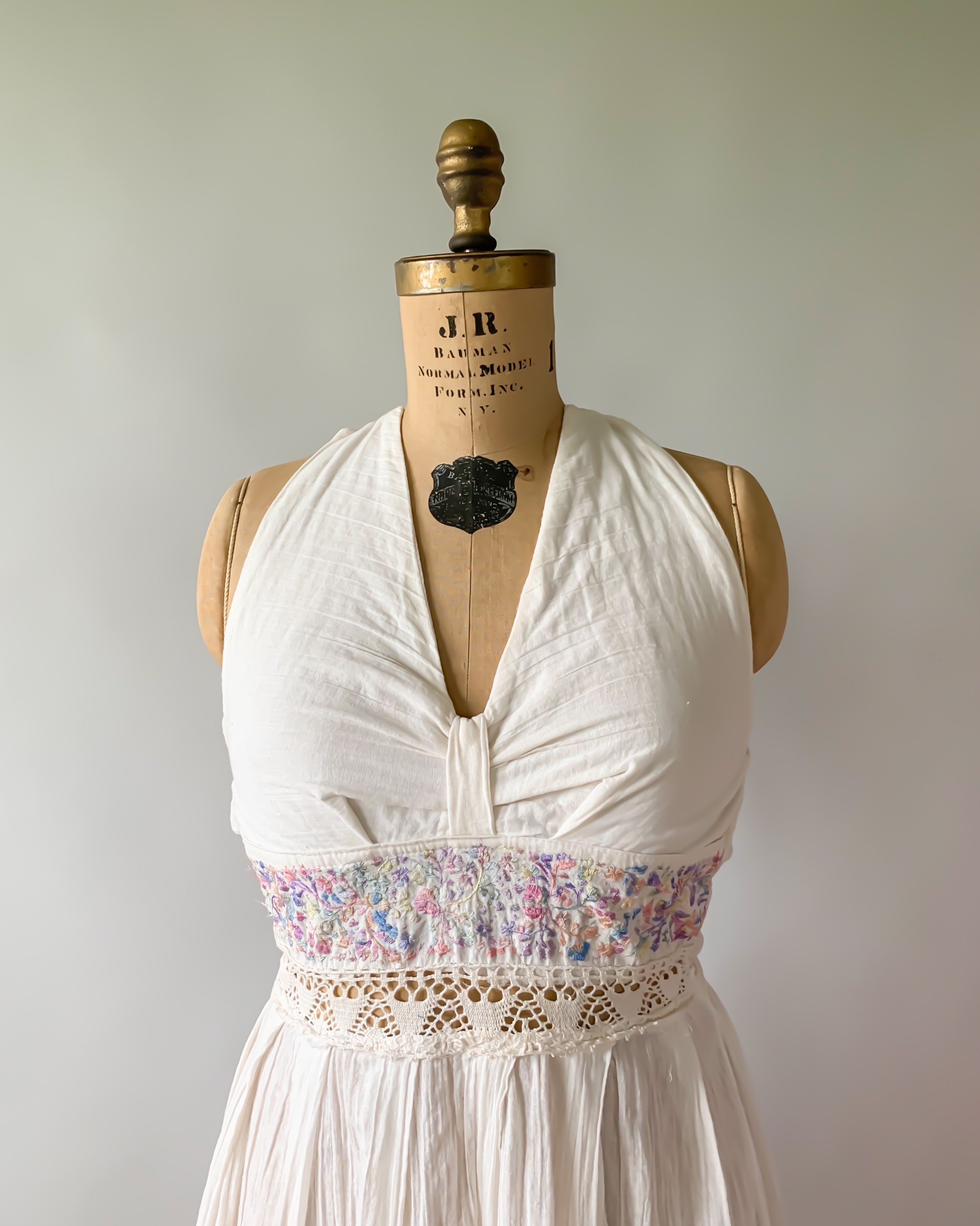 Vintage 1970s cream embroidered gauze halter dress Medium M Large L