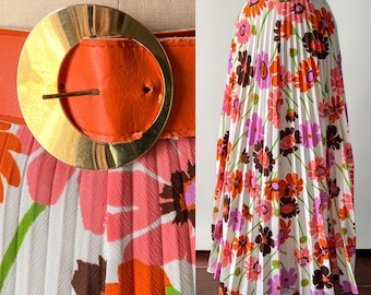Vintage 70s Skirt, 1970s Mod White Orange Purple Floral Print Nylon Pleated Maxi, Accordion Pleat Belted Full Length Skirt, Small, W26