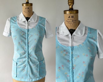 1970s Vintage Blue White Floral Zip Front Pocket Collared Tunic, Medium Large