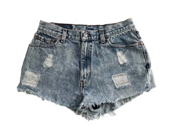 Vintage 80s Shorts, 1980s 1990s Levi’s 512 Acid Wash Cotton Denim Distressed Cutoffs, High Rise Micro Booty Shorts, Small, W30 W31