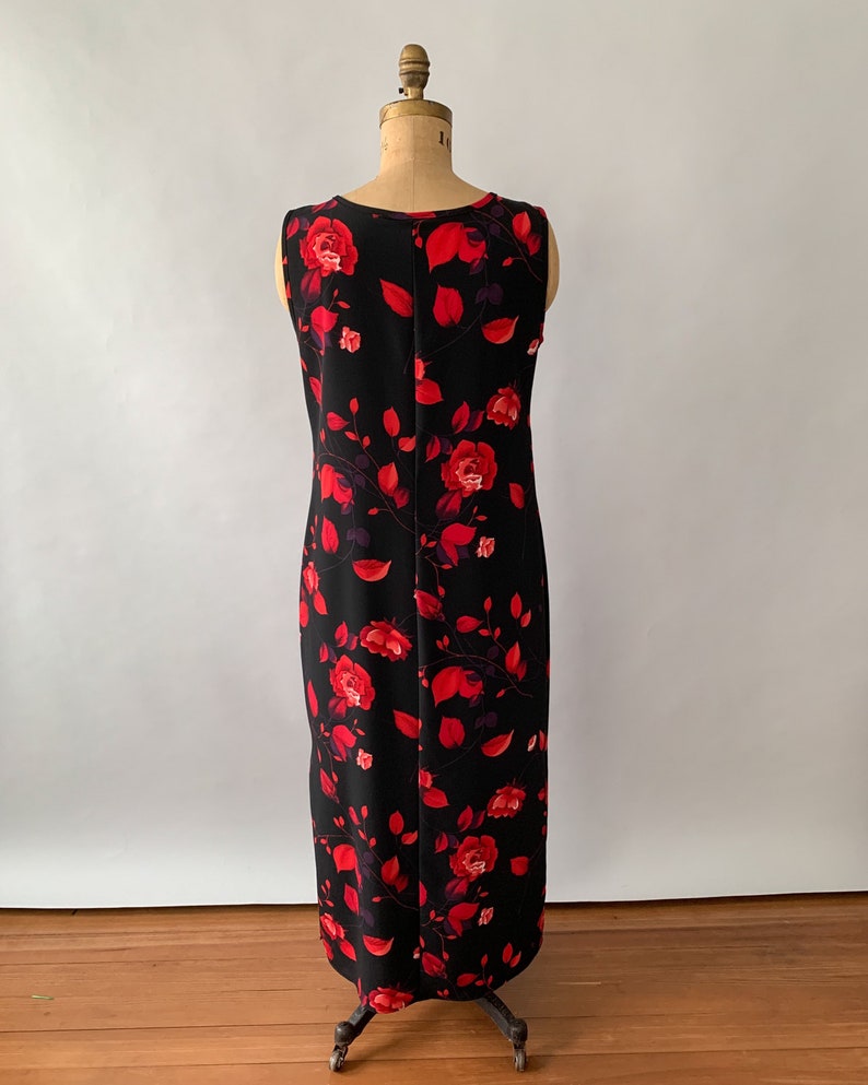 Vintage 1990s vintage black and red rose print sleeveless maxi dress 90s floral maxi dress Valentines day dress large L