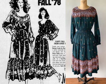 Vintage 1970s Teal Green Purple Floral Boho Prairie Peasant Dress with original 1978 ad, Size Small