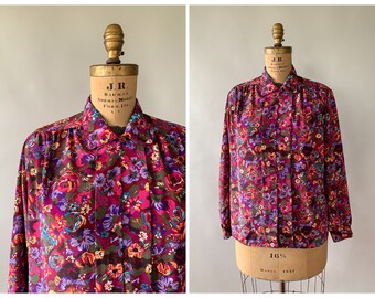 Vintage 1980s burgundy purple floral button down shirt, Large