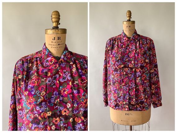 Vintage 80s shirt, 1980s floral blouse, burgundy floral, purple floral, button down shirt, 80s statement blouse, patterned blouse, Large