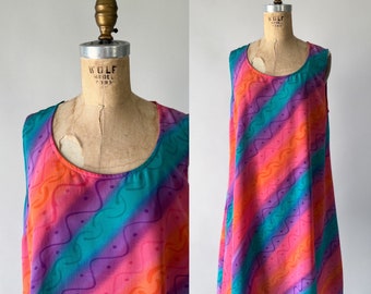 Vintage 90s Dress, 1990s 00s Y2K Rainbow Gradient Stripe Silk Tank Dress, Sleeveless Multicolored Squiggle Print Aline Mini Dress, Medium M