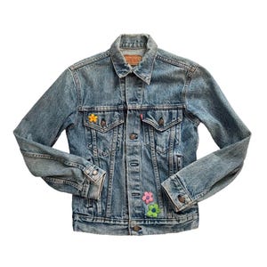 90s Embroidered Jean Jacket XXS, Vintage Blue Pink Roses