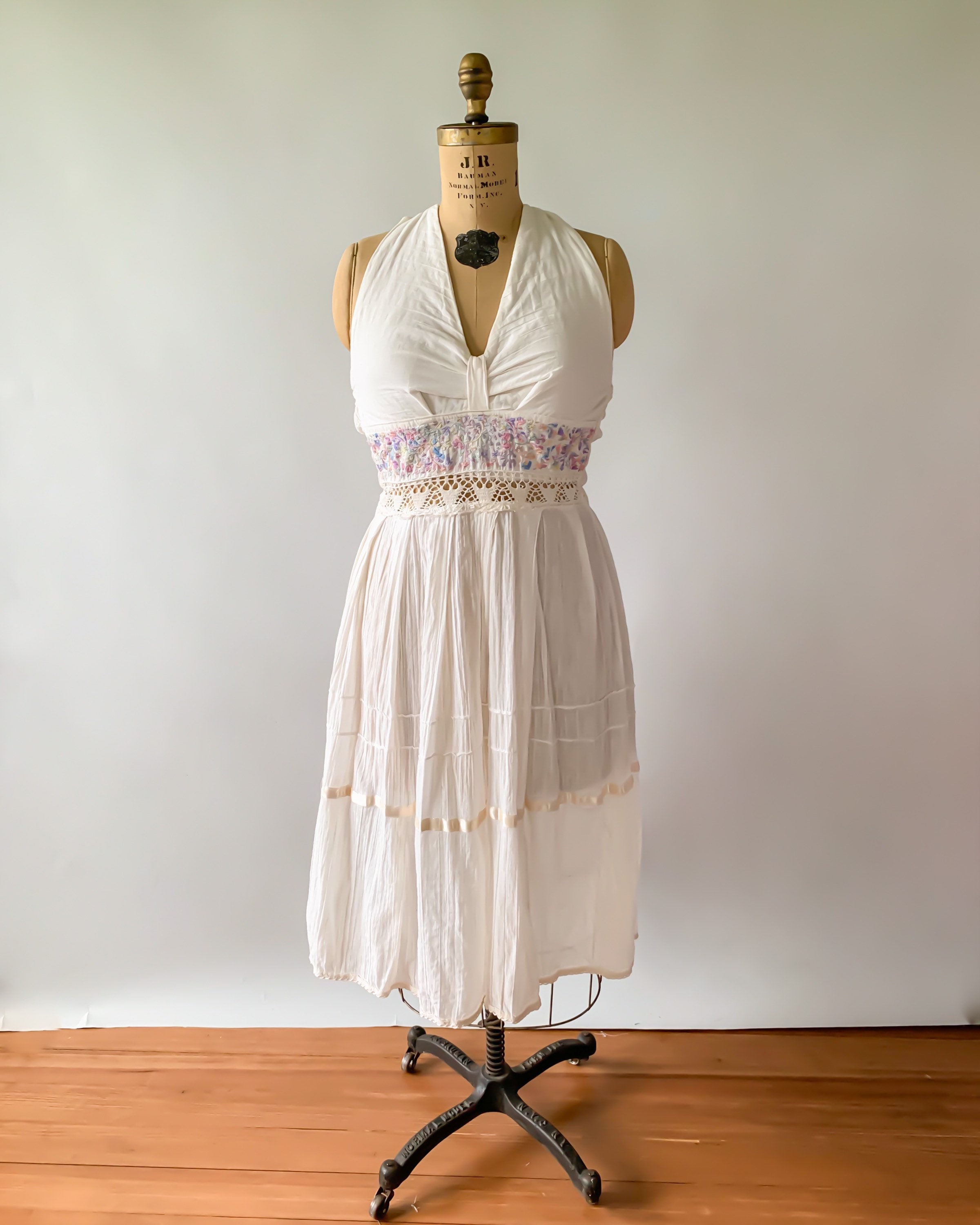 Vintage 1970s cream embroidered gauze halter dress Medium M Large L