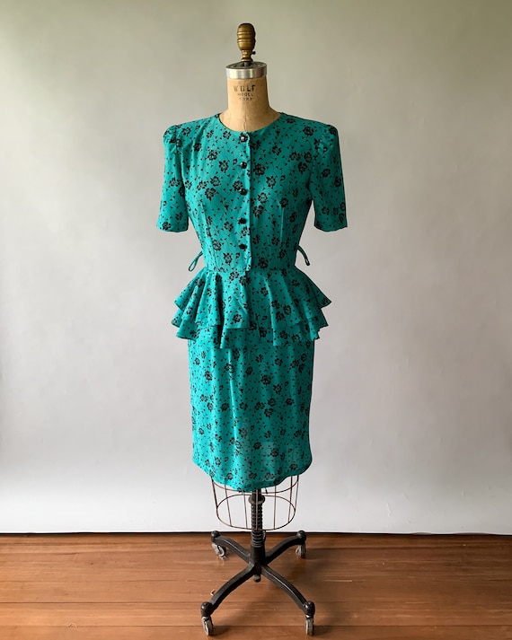 Vintage 80s dress, 1980s turquoise floral peplum … - image 8