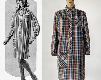 Vintage 60s Dress, 1960s Adele Fashions Blue Red Yellow Plaid Cotton Rayon Shift, Long Puffed Sleeve Collared Pocket Shirtdress, Medium