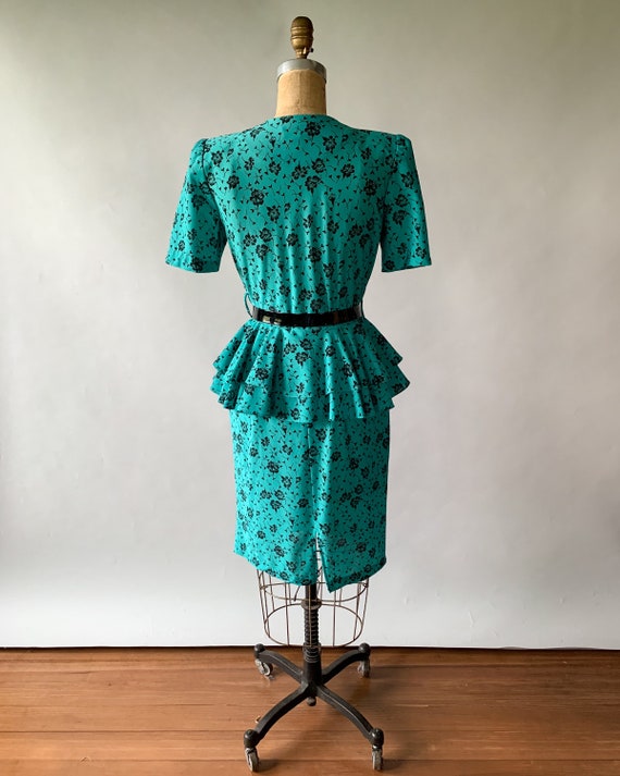 Vintage 80s dress, 1980s turquoise floral peplum … - image 6