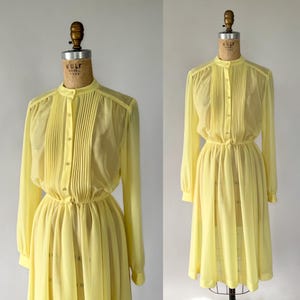 Vintage 80s Dress, 1980s Sheer Yellow Chiffon Poly Shirtdress, Pleated Blouson Midi Dress, Pearl Buttons, Puff Sleeve Elastic Waist, Small