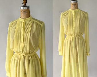 Vintage 1980s Sheer Yellow Chiffon Poly Shirtdress, Small