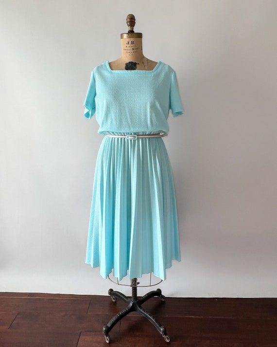 Vintage 80s Dress, 1980s Aqua Blue Pastel Rainbow… - image 6
