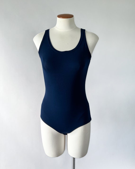 1970s Bodysuit, 70s Vintage Navy Blue Nylon Scoop Nec… - Gem