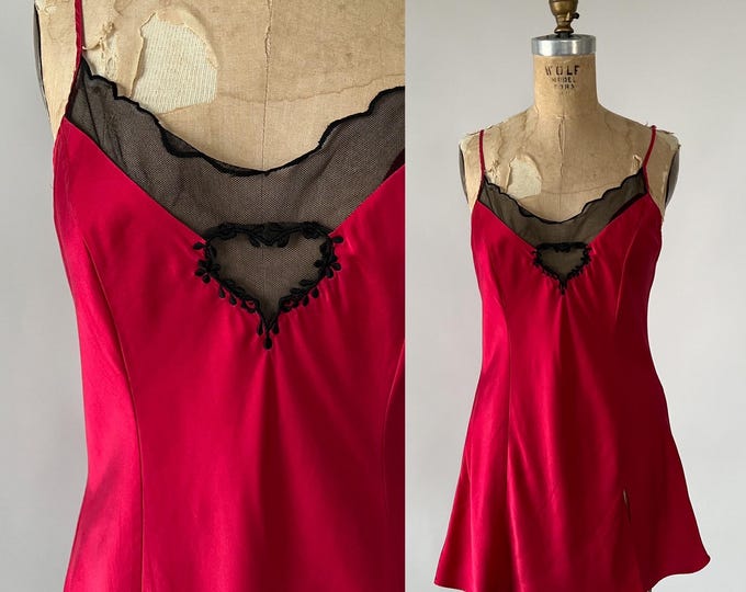 Featured listing image: Vintage 90s Slip, 1990s Victoria Secret Red Silk Black Mesh Sexy Slit Chemise Mini Dress, Embroidered Hearts Valentines Lingerie, Medium M