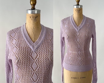 Vintage 80s Sweater, 1980s 1970s Lilac Purple Gold Lame Sheer Acrylic Pointelle Knit Top, Long Sleeve V Neck Pullover Sweater, Small S