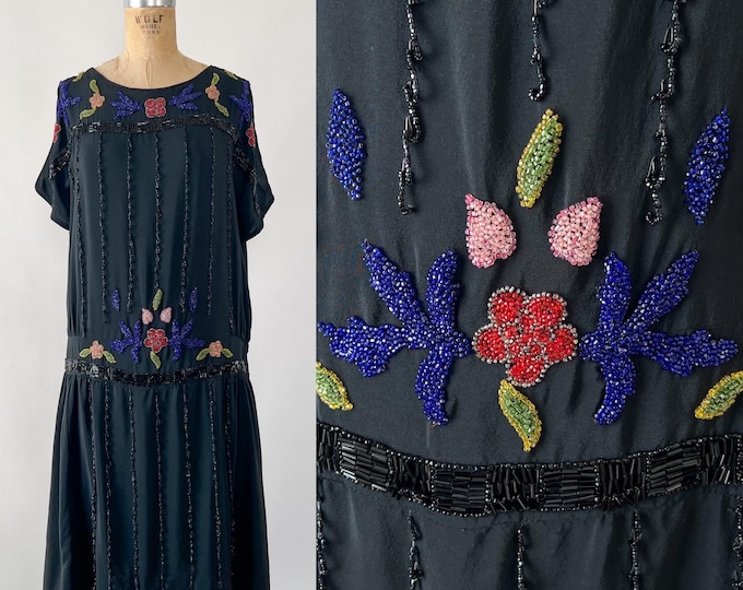 Featured listing image: Antique Dress, 1920s 20s Black Rayon Multicolored Beaded Floral Design, Cold Shoulder Drop Waist Midi Flapper Gatsby Style, Extra Small XS S
