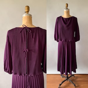 Vintage 70s dress, 1970s dark purple dress, 70s pleated dress, 70s overlay dress, 70s midi dress, 70s fall dress, Small Medium