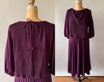 Vintage 1970s dark purple pleated overlay dress, Small Medium