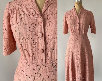 Vintage 40s Dress, 1940s Dusty Rose Pink Sheer Floral Lace Rayon Shirtdress, Collared Short Sleeve Front Buttons Pleated Midi Skirt, Small S