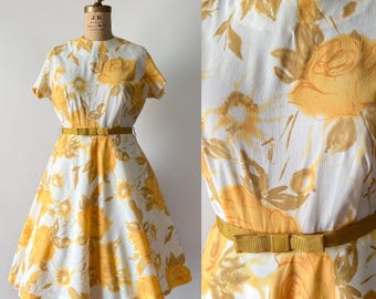 Vintage 60s Dress, 1960s White Nylon Mustard Yellow Floral Rose Print Dress, 1950s Style Fit And Flare Full Skirt Bow Belt, M L 30 31 Waist