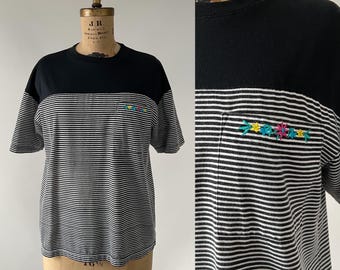 Vintage 1990s Black White Stripe Cotton Poly Boxy Top Embroidered Pocket Tee Tshirt, Large L