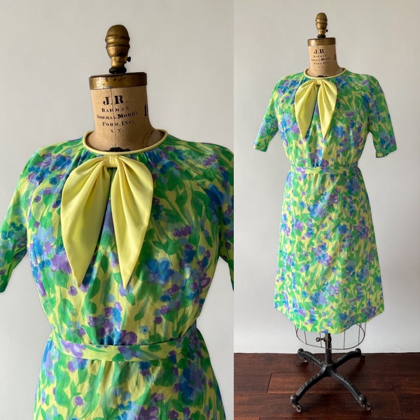 Vintage 60s Dress, 1960s Mod Green Blue Purple Floral Nylon Crepe Shift Dress, Yellow Ascot Bow Tie Belt Aline Dress, Medium Large M L