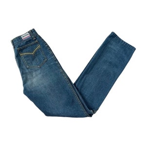 Vintage 80s Jeans, 1980s Angel Britches Mid Blue Cotton Straight Leg Jeans, 70s High Waisted Slim Skinny Jeans, Top Stitching, W25