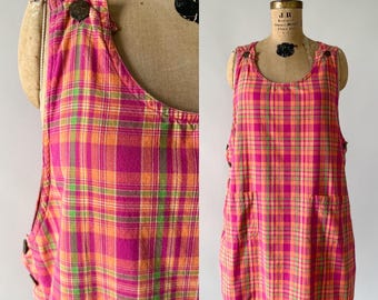 Vintage 90s Dress, 1990s Hunters Run Pink Orange Madras Plaid Cotton Pinafore Jumper, Sleeveless Scoop Neck Patch Pockets, Extra Large XL