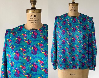Vintage 1980s abstract multicolored floral puff sleeve blouse / Large L