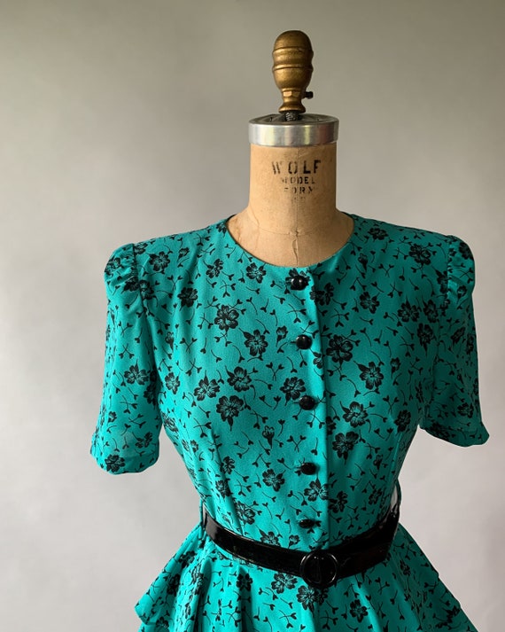 Vintage 80s dress, 1980s turquoise floral peplum … - image 4