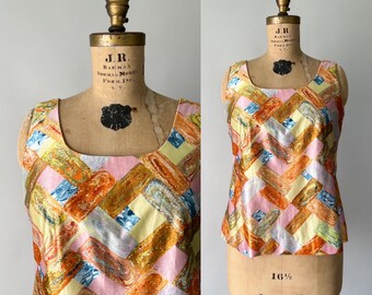 Vintage 70s Top, 1970s Multicolored Marbeled Patterned Tricot Knit Polyester Tank, Square Neck Sleeveless Fitted Shell, Medium M Large L