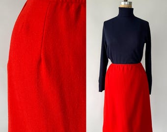 Vintage 70s Skirt, 1970s Orange Red Wool Pencil Mini, High Waist Knee Length A Line, Medium M, 28 Waist
