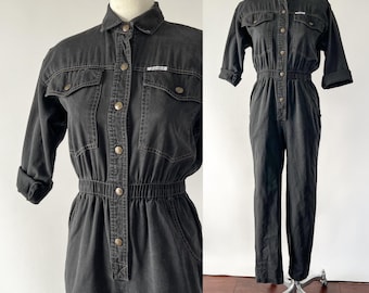 Vintage 80s Jumpsuit, 1980s Dreams Faded Black Gray Cotton Denim Boiler Utility Suit, Collared Snap Front Elastic Waist Pockets, Small S XS