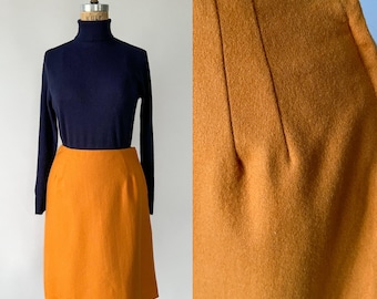 Vintage 70s Skirt, 1970s Mustard Yellow Wool Pencil Mini, High Waist Knee Length A Line, Marigold Ochre, Medium M, 27 Waist