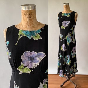 Vintage Y2K-jurk, jaren 2000 zwarte zijden chiffonjurk met bloemen, jaren 1930-stijl bias-cut jurk, blauwpaarse bloemen, Talbots-jurk jaren 90, klein, maat 4