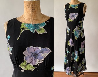 Vintage 2000s black floral silk chiffon 1930s style bias cut dress, Small, Size 4