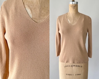 Vintage 90s Sweater, 1990s Y2K Express Beige Cotton Nylon V Neck Cropped Sweater, Minimalist Neutral Tan Ribbed Knit Fitted Top, Small S