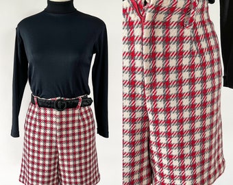 Vintage 60s Shorts, 1960s 1970s Glenbrooke Jr Red Gray Cream Holiday Plaid Wool Shorts, High Waisted Mini Culottes, XXS XS, 24 Waist