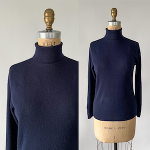 Vintage 60s Sweater, 1960s 1970s College Town Navy Blue Acrylic Knit Turtleneck, Mod Long Sleeve Fitted Layering Top, Small S