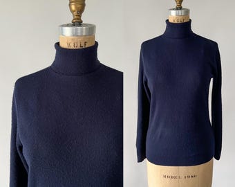 Vintage 60s Sweater, 1960s 1970s College Town Navy Blue Acrylic Knit Turtleneck, Mod Long Sleeve Fitted Layering Top, Small S
