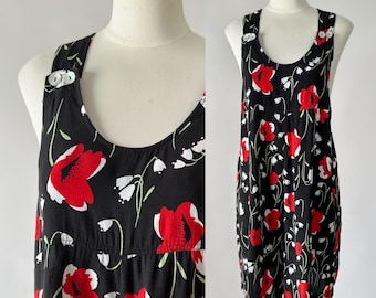 Vintage 90s Romper, 1990s Express Black Red White Floral Poppy Print Rayon Short Overalls, Sleeveless Oversized Loose Jumper, Medium M