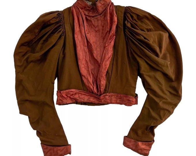 Featured listing image: Antique 1890s Bodice, Victorian Brown Wool Rust Silk Bodice, 1800s Steampunk Leg Of Mutton Gigot Puff Sleeve, 1896, Small S, 28 29 Waist