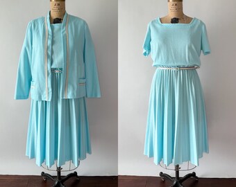 Vintage 80s Dress, 1980s Aqua Blue Pastel Rainbow Striped Trim Dress, 2PC Matching Set, Pleated Skirt Midi Dress Open Jacket, Medium Large