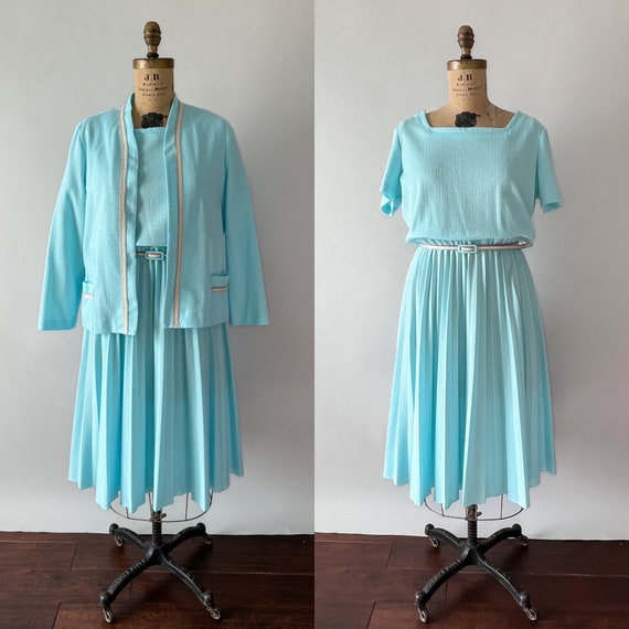 Vintage 80s Dress, 1980s Aqua Blue Pastel Rainbow… - image 1