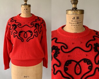 Vintage 80s sweater, 1980s Tomato Red Acrylic Black Soutache Embellished Christmas Sweater, Festive Holiday Statement Sweater, Medium Large