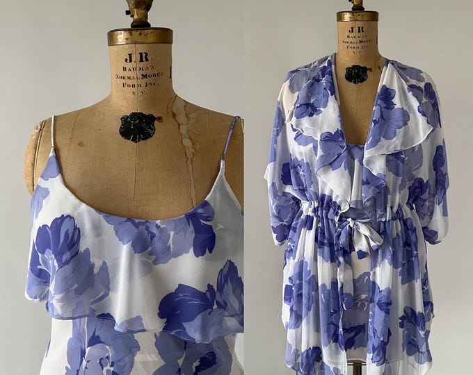 Featured listing image: Vintage Y2K Pajamas, 2000s Periwinkle Purple Floral Sheer Polyester Peignoir Set, Sleeveless Ruffled Mini Nightgown Drawstring Robe, Medium