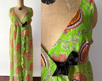 Vintage 60s Dress, 60s 70s Lime Green Orange Paisley Print Wrap Maxi, Sleeveless Deep V Empire Waist Sheer Cotton Voile Ruffled Robe, Medium