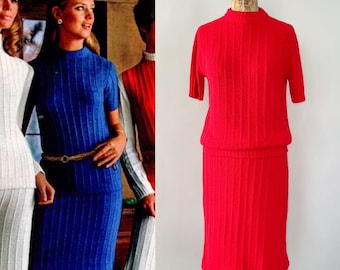 Vintage 1960s Mod Carol Brent Red Acrylic Knit Mock Neck Sweater Ribbed Knit Pencil Skirt 2PC Set, Extra Small XS S