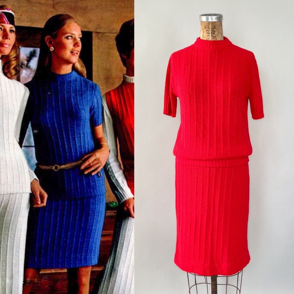 Vintage 60s Dress, 1960s Mod Carol Brent Red Acrylic Knit Set, Mock Neck Sweater Ribbed Knit Pencil Skirt 2PC Set, Extra Small XS S